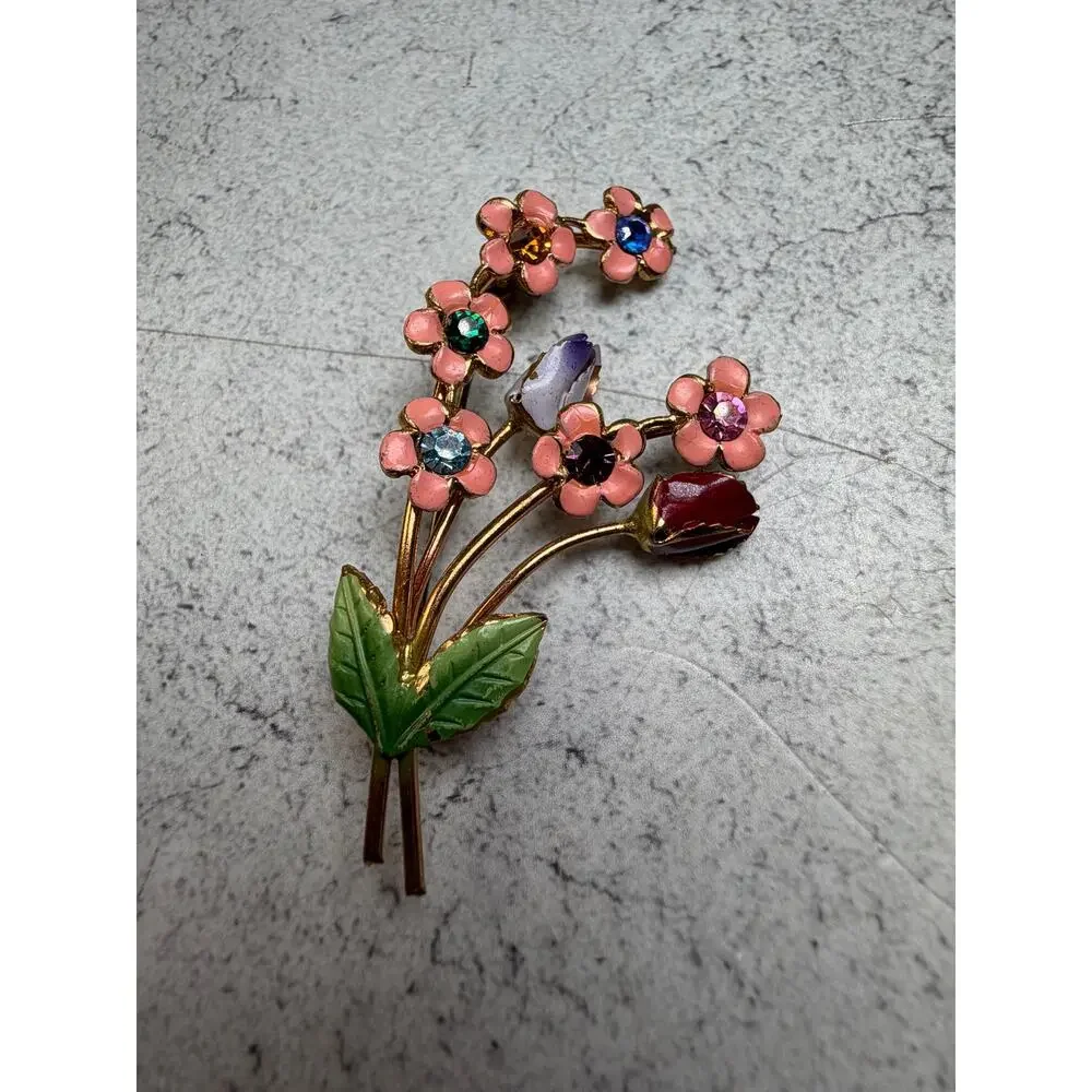 Vintage Austrian Hand Painted 60s Floral Bouquet Brooch Crystal